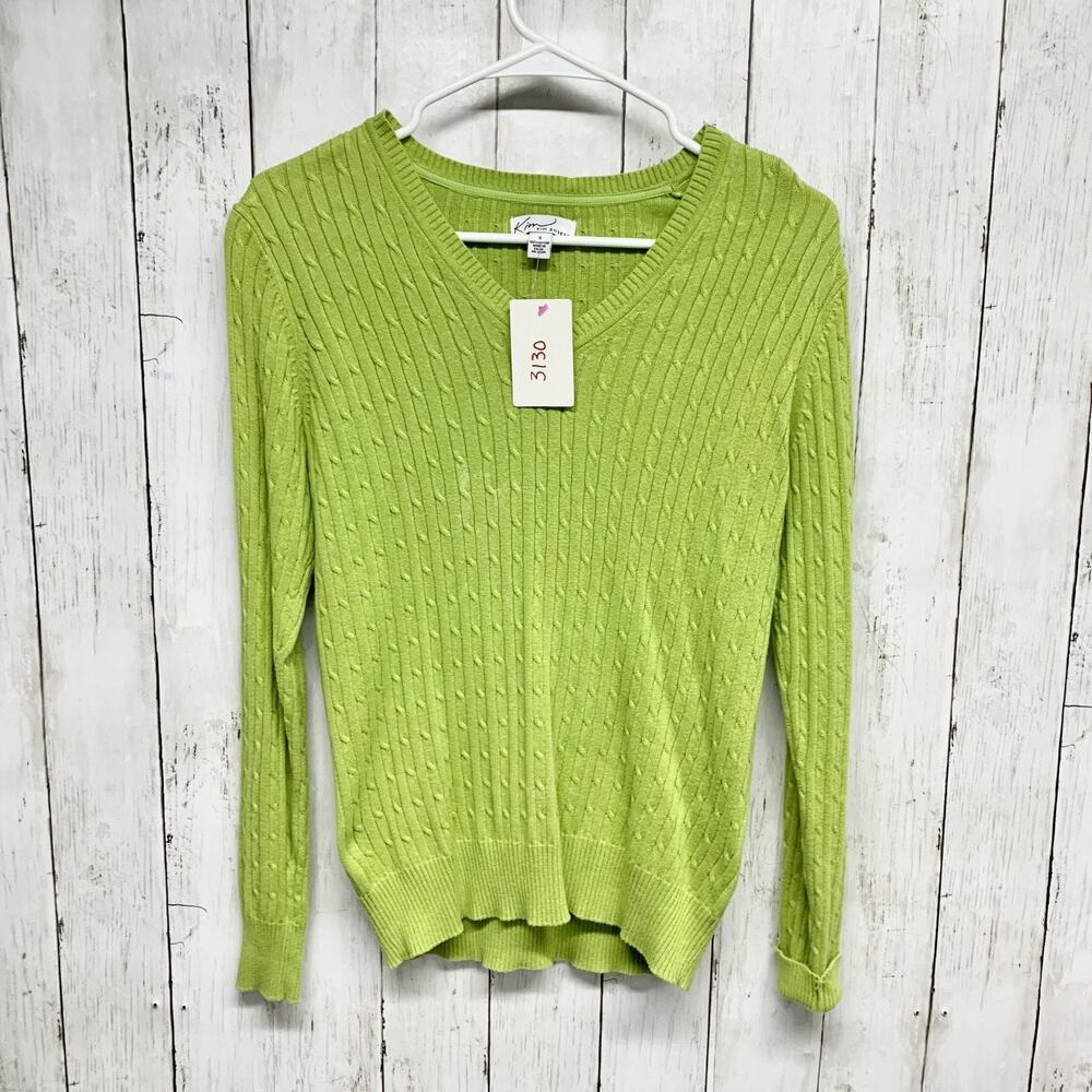 Kim Rogers Sweater Women Small Green Cable Knit Crewneck Pullover 100% Cotton